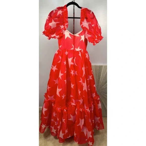 NWT Selkie Red and White Star Ritz Puff Sleeve Organza Maxi Gown Size Small - Picture 8 of 13